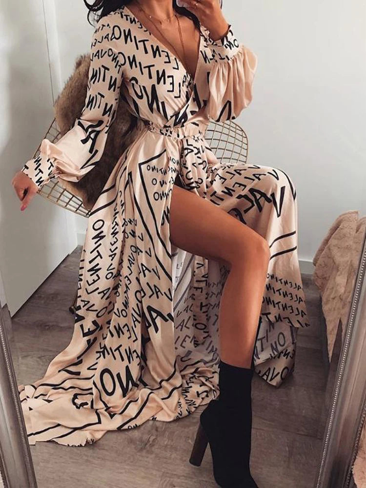 2024 Inizio autunno nuovo abito da sera a maniche lunghe stampato retrò da donna sexy con scollo a V, abito europeo e americano