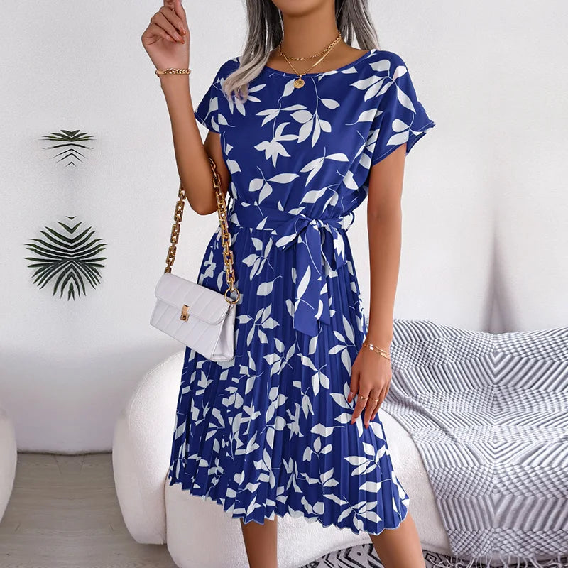 Donna primavera estate manica corta vita alta vestito Chic moda floreale pieghettato una linea abito lungo