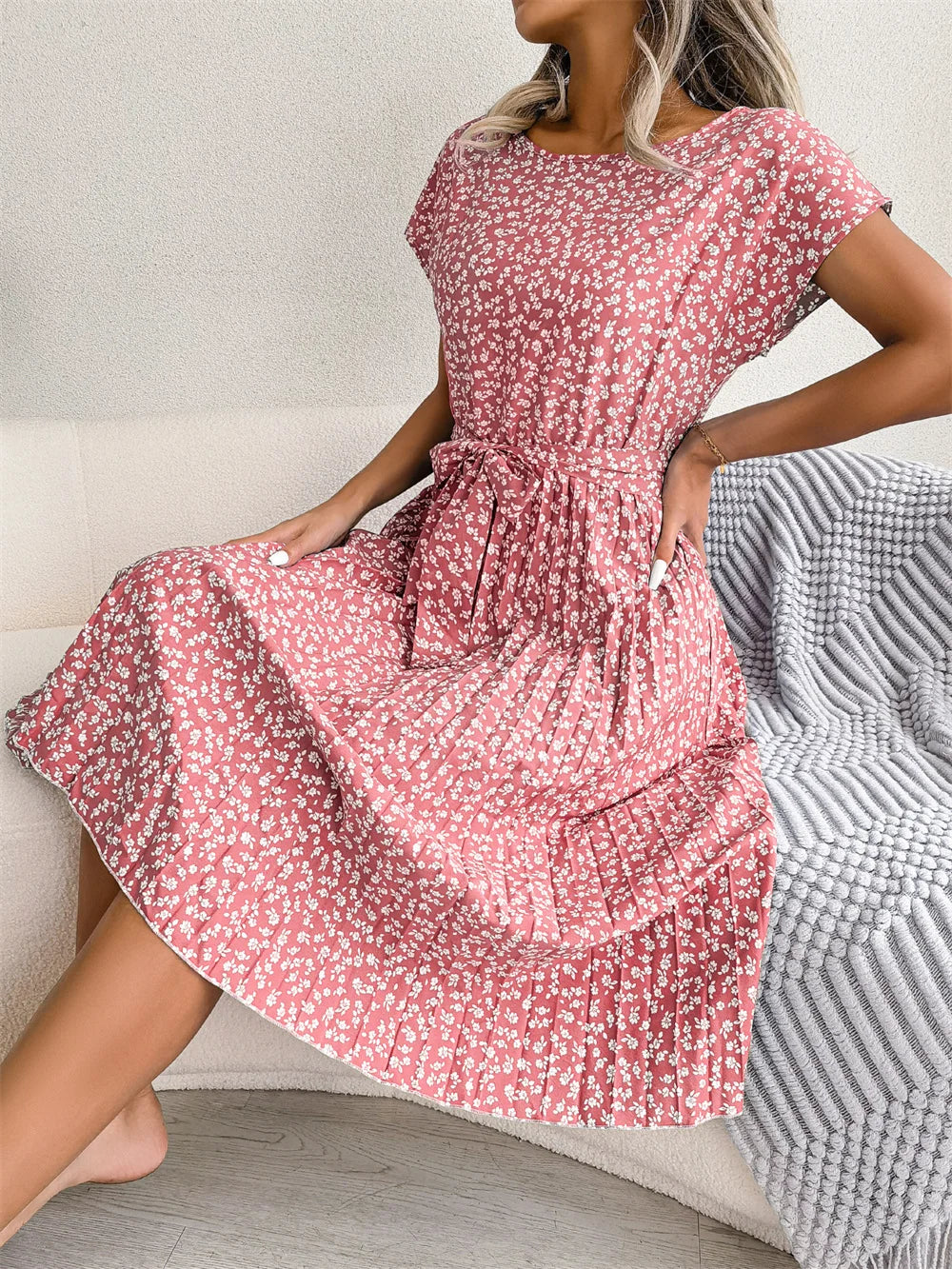 Donna primavera estate manica corta vita alta vestito Chic moda floreale pieghettato una linea abito lungo