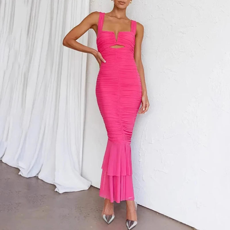 Abito da donna sexy con spalle scoperte, avvolgente, alla moda, a vita alta, solido, sottile, lungo, elegante, senza maniche, a coda di pesce