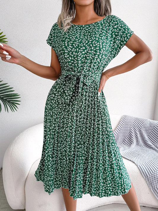 Donna primavera estate manica corta vita alta vestito Chic moda floreale pieghettato una linea abito lungo