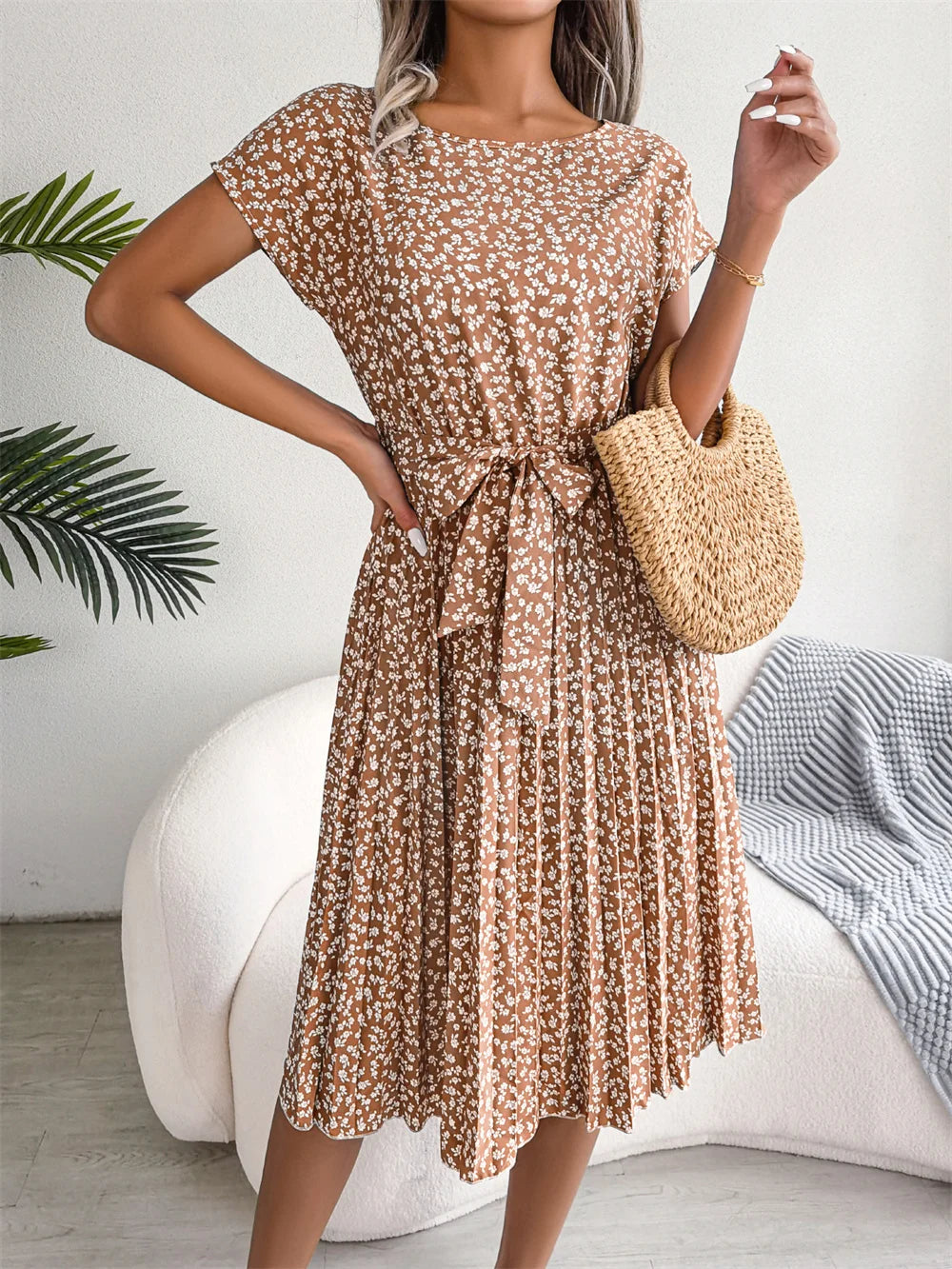 Donna primavera estate manica corta vita alta vestito Chic moda floreale pieghettato una linea abito lungo