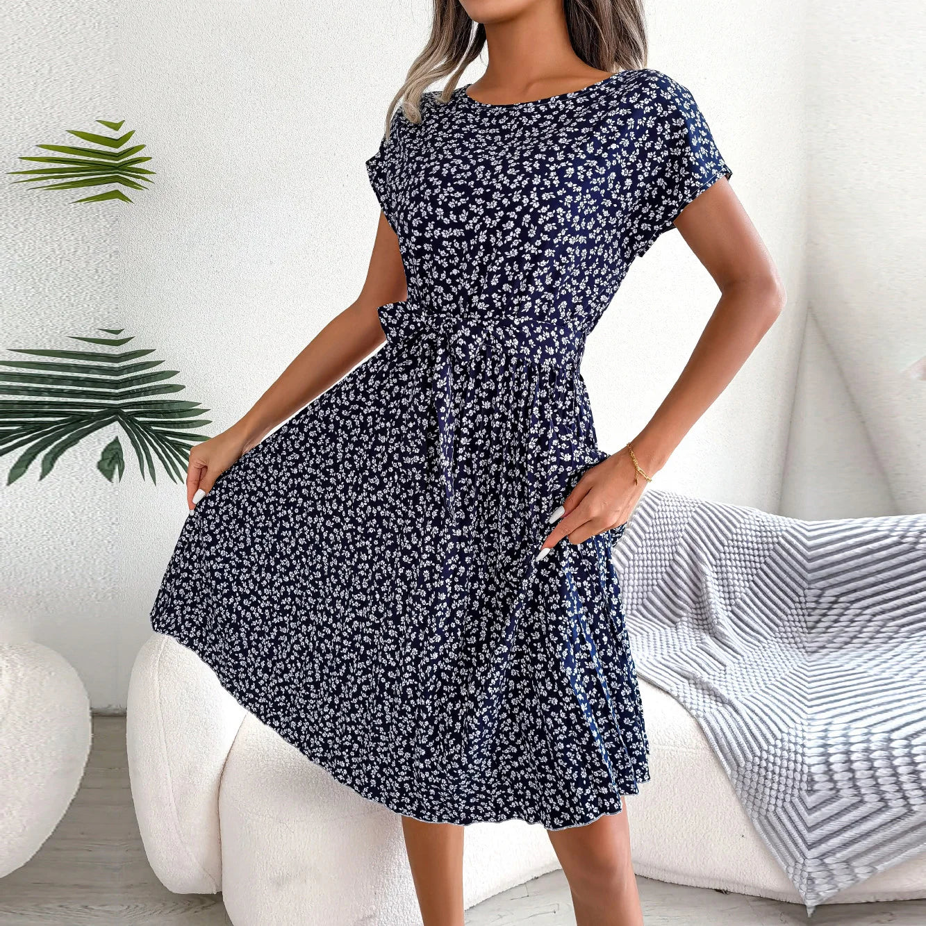 Donna primavera estate manica corta vita alta vestito Chic moda floreale pieghettato una linea abito lungo