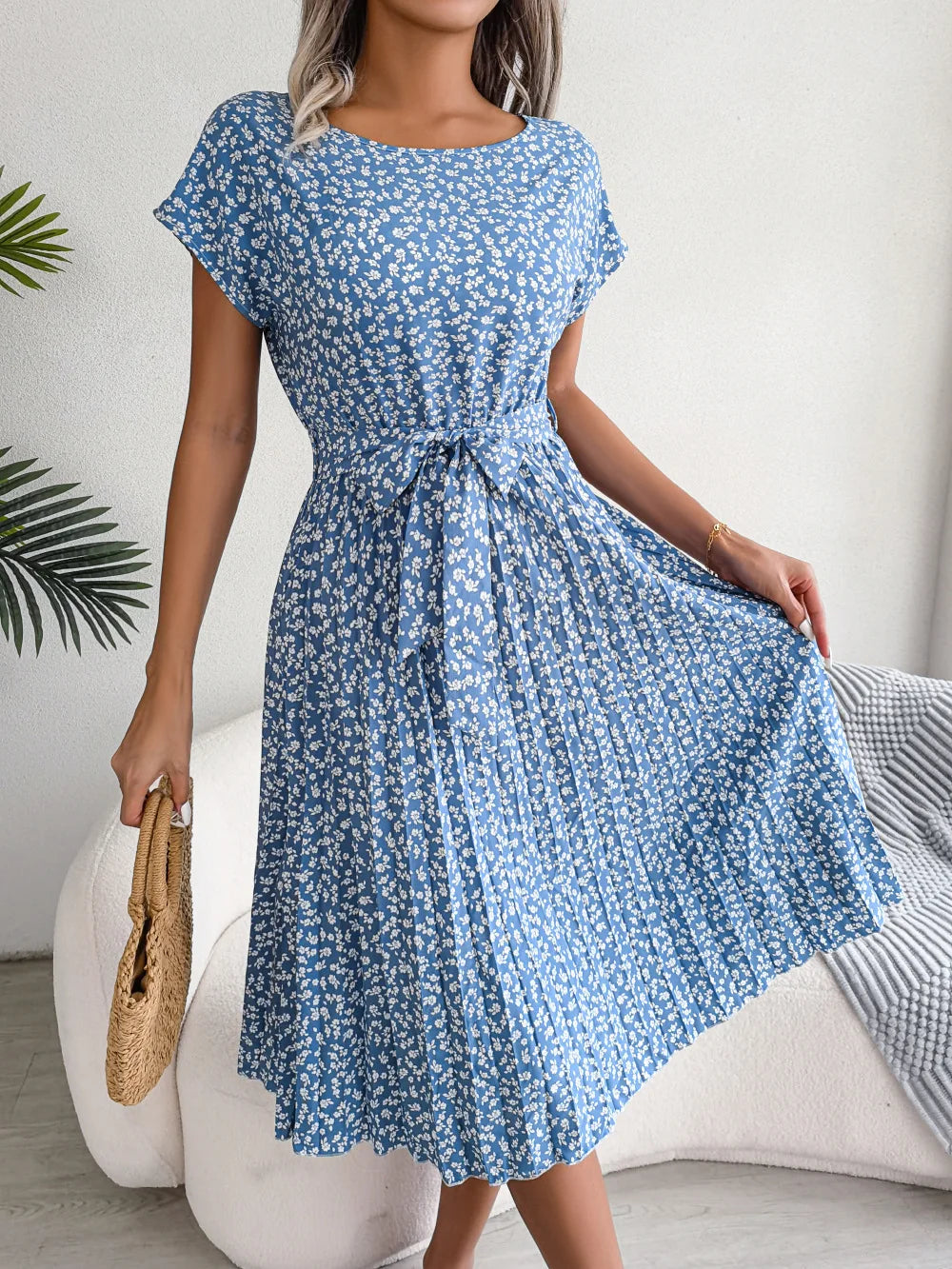 Donna primavera estate manica corta vita alta vestito Chic moda floreale pieghettato una linea abito lungo