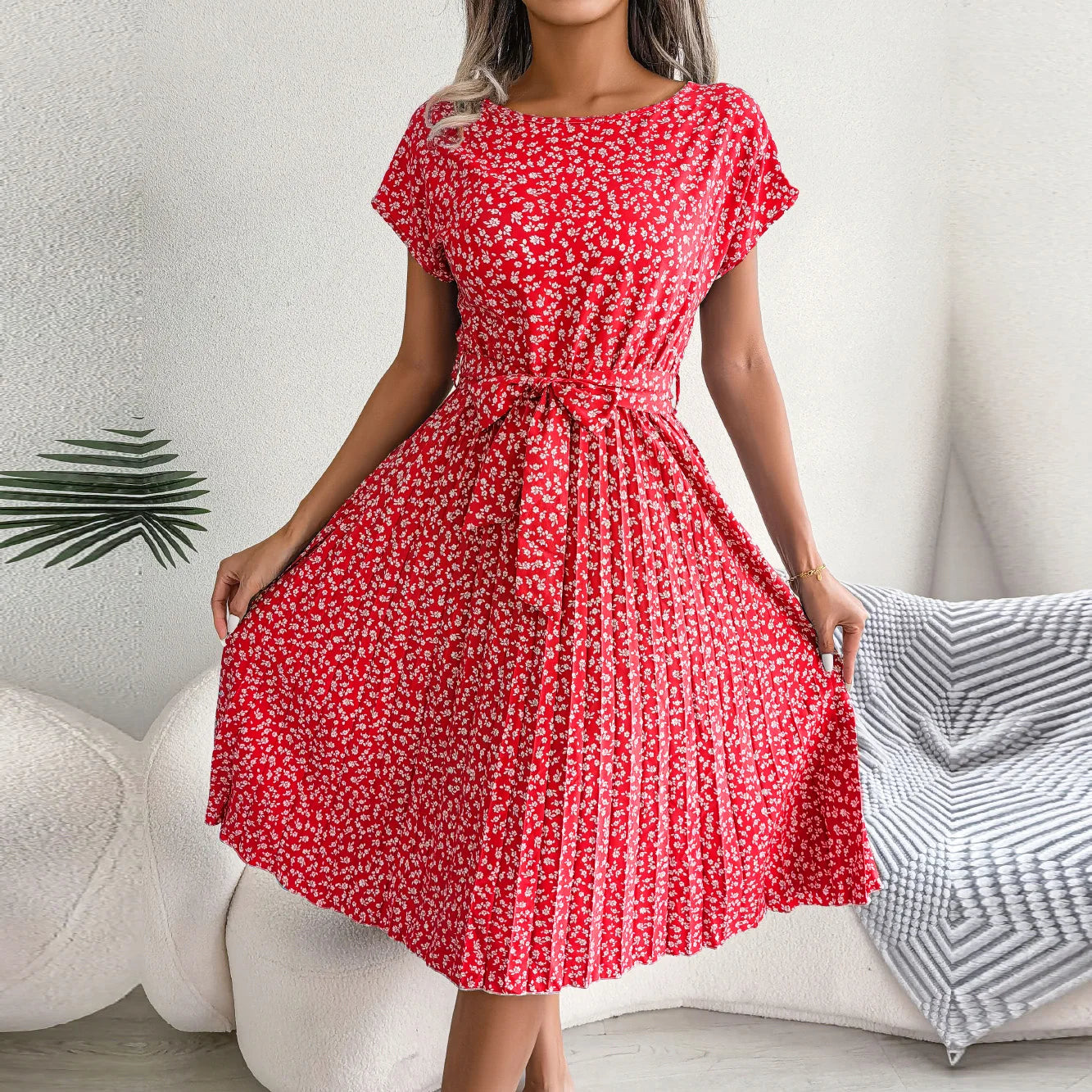 Donna primavera estate manica corta vita alta vestito Chic moda floreale pieghettato una linea abito lungo