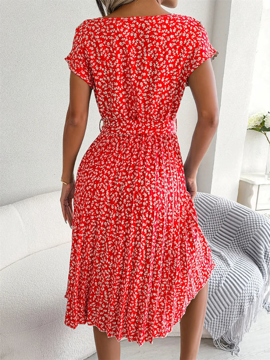 Donna primavera estate manica corta vita alta vestito Chic moda floreale pieghettato una linea abito lungo