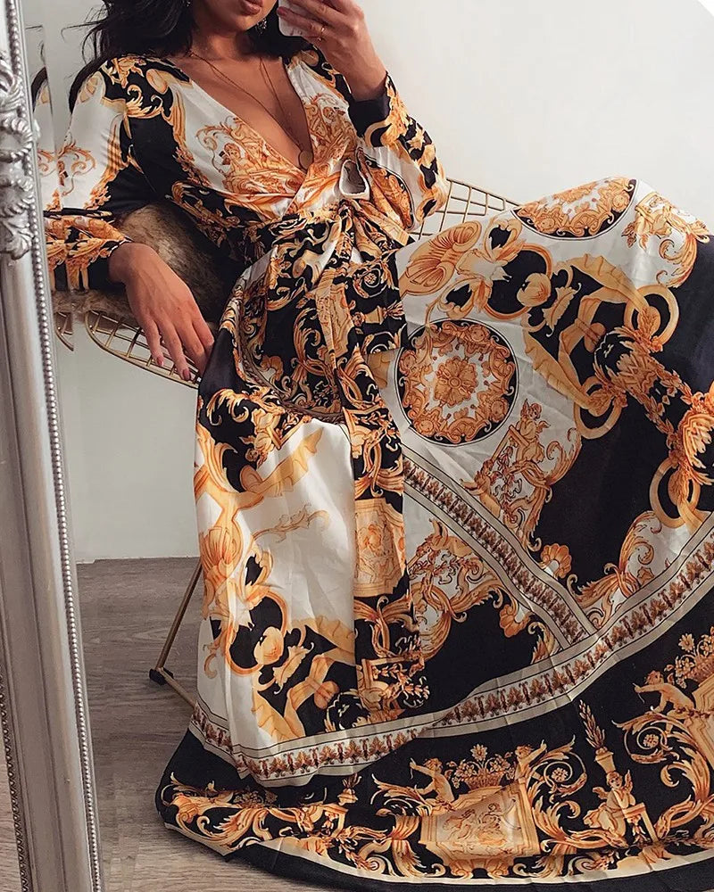 2024 Inizio autunno nuovo abito da sera a maniche lunghe stampato retrò da donna sexy con scollo a V, abito europeo e americano