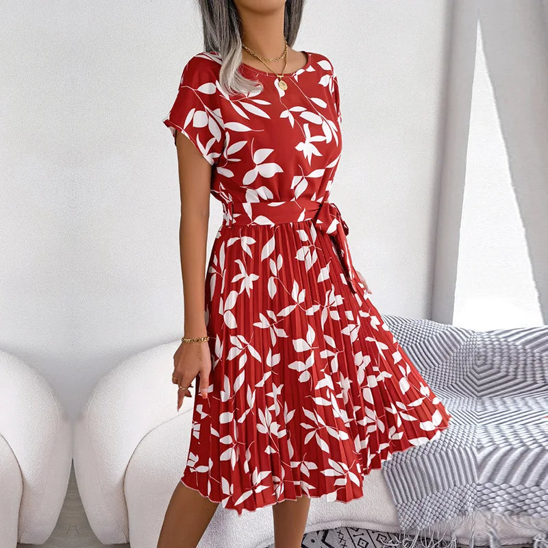 Donna primavera estate manica corta vita alta vestito Chic moda floreale pieghettato una linea abito lungo