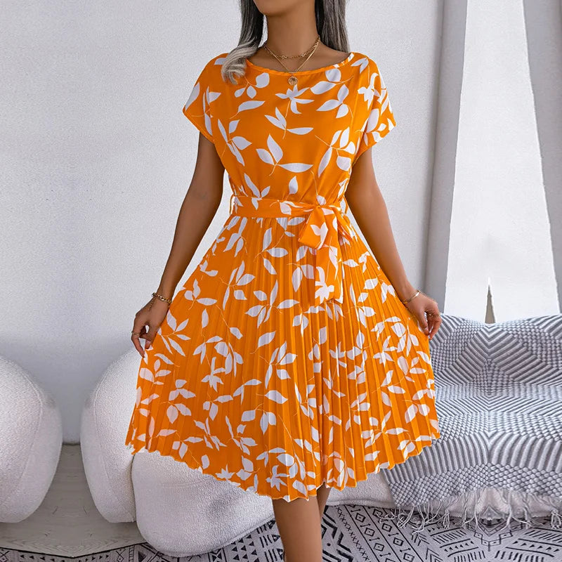 Donna primavera estate manica corta vita alta vestito Chic moda floreale pieghettato una linea abito lungo