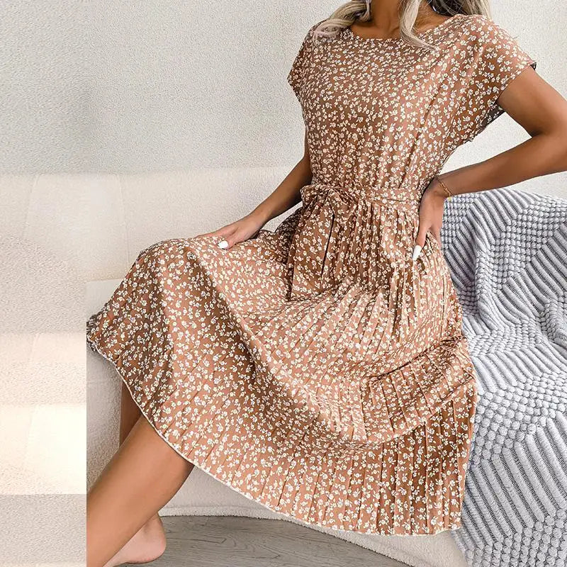 Donna primavera estate manica corta vita alta vestito Chic moda floreale pieghettato una linea abito lungo