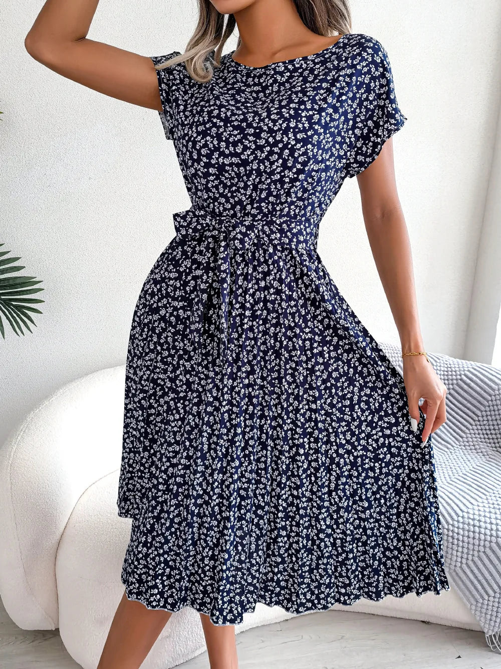 Donna primavera estate manica corta vita alta vestito Chic moda floreale pieghettato una linea abito lungo
