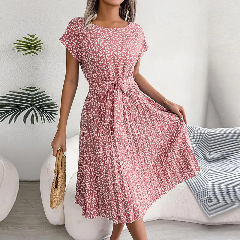 Donna primavera estate manica corta vita alta vestito Chic moda floreale pieghettato una linea abito lungo